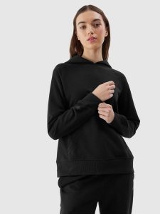 4F Bluza dresowa nierozpinana z kapturem damska - czarna XS. Czarne bluzy 4f, l, bez wzorów, z bawełny, z kapturem. W wyprzedaży za 79,99 zł.