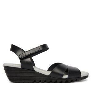 Sandały Fly London. Czarne sandały Fly London, bez wzorów, bez obcasa, na koturnie, bez zapięcia. Za 399,99 zł.