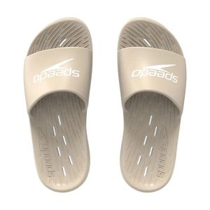 Klapki basenowe antypoślizgowe damskie Speedo Slides. Brązowe klapki Speedo, bez wzorów, z materiału, bez obcasa. Za 79,99 zł.