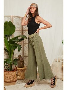 Lin Passion Lniane spodnie w kolorze khaki rozmiar: 36/38. Brązowe spodnie z wysokim stanem Lin Passion, bez wzorów, ze lnu, z podwyższonym stanem. Za 113,99 zł.