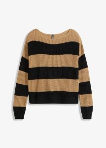 Sweter w paski. Brązowe swetry klasyczne bonprix, bez kołnierzyka. Za 89,99 zł.