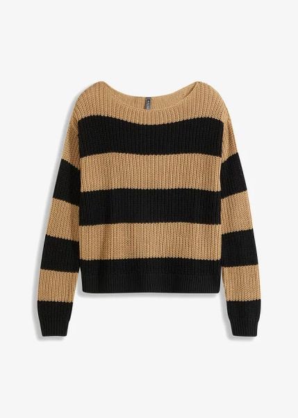 Sweter w paski. Brązowe swetry klasyczne bonprix, bez kołnierzyka. Za 89,99 zł.