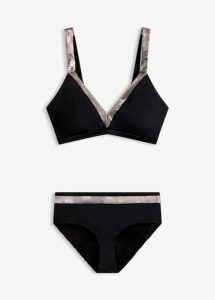 Bikini ze srebrnymi wstawkami (komplet 2-cz.). Czarne bikini bonprix, z aplikacjami. Za 99,99 zł.