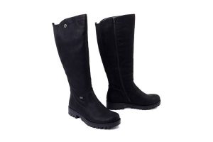 RIEKER TEX 78554-00 black, kozaki damskie. Czarne kozaki Rieker, bez wzorów, z wełny, bez obcasa, na obcasie, bez zapięcia. Za 449,90 zł.