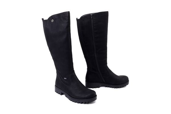 RIEKER TEX 78554-00 black, kozaki damskie. Czarne kozaki Rieker, bez wzorów, z wełny, bez obcasa, na obcasie, bez zapięcia. Za 314,93 zł.