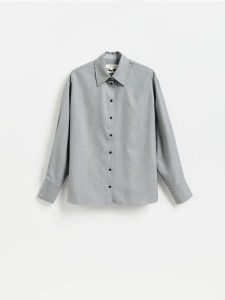 Koszula oversize z wełną - jasnoszary. Szare koszule Reserved, l, bez wzorów, z tkaniny, bez kołnierzyka, bez ramiączek. Za 239,99 zł.
