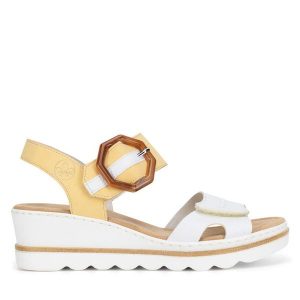 Sandały Rieker. Białe sandały Rieker, bez wzorów, bez obcasa, na koturnie, bez zapięcia. Za 299,99 zł.