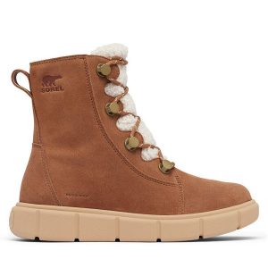 Botki Sorel. Brązowe botki Sorel, bez wzorów, bez obcasa, na płaskiej podeszwie, bez zapięcia. Za 389,99 zł.