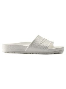 Klapki damskie Birkenstock Barbados. Białe klapki Birkenstock, bez wzorów, z materiału, bez obcasa. Za 149,00 zł.