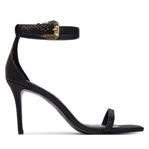 Sandały Versace Jeans Couture. Czarne sandały Versace Jeans Couture, bez wzorów, z jeansu, bez obcasa, na szpilce, bez zapięcia. Za 589,99 zł.