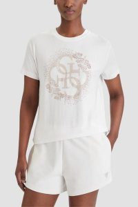 GUESS Biały damski t-shirt na krótki rękaw z cyrkoniami Corinne, Rozmiar XS. Białe t-shirty Guess, xs, z aplikacjami, bez kołnierzyka, bez ramiączek. Za 239,99 zł.