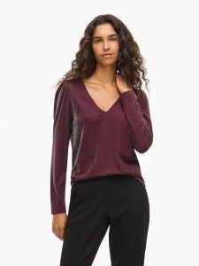 Vila Koszulka "Vieleinas" w kolorze bordowym rozmiar: XS. Czerwone bluzki Vila, xs, bez wzorów, bez kołnierzyka, bez ramiączek. Za 65,54 zł.