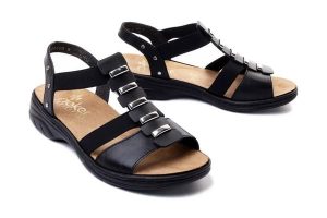 RIEKER 64580-00 black, sandały damskie. Czarne sandały Rieker, bez wzorów, bez obcasa, bez zapięcia. Za 239,93 zł.