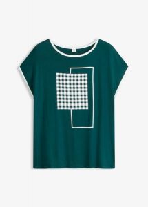 T-shirt z kontrastową lamówką. Zielone t-shirty bonprix, bez wzorów, bez kołnierzyka, bez ramiączek. Za 19,99 zł.