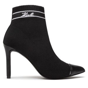 Botki KARL LAGERFELD. Czarne botki KARL LAGERFELD, bez wzorów, bez obcasa, na szpilce, bez zapięcia. Za 579,99 zł.