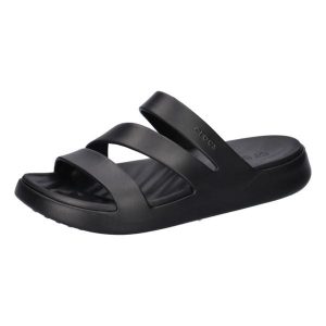 Klapki damskie Crocs Getaway Strappy. Czarne klapki Crocs, bez wzorów, z materiału, bez obcasa. Za 254,00 zł.