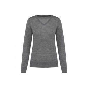 Damski sweter z merynosów z dekoltem v-neck Kariban Premium. Szare swetry klasyczne KARIBAN, na zimę, z wełny, bez kołnierzyka. W wyprzedaży za 268,00 zł.
