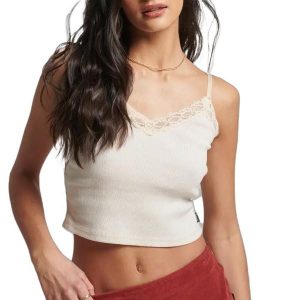 Prążkowany tank top z koronkowym wykończeniem Superdry. Białe topy Superdry, bez wzorów, z koronki, eleganckie, bez kołnierzyka, bez ramiączek. Za 79,85 zł.