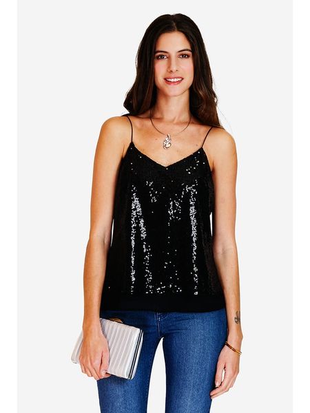 ASSUILI Top cekinowy w kolorze czarnym rozmiar: 42. Czarne topy Assuili, bez wzorów, klasyczne, bez kołnierzyka, bez ramiączek. Za 92,21 zł.