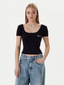 Guess T-Shirt V6RP05 K8RT2 Czarny Regular Fit. Czarne t-shirty Guess, s, z aplikacjami, z wiskozy, bez kołnierzyka, bez ramiączek. Za 179,99 zł.