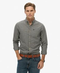 Superdry Koszula Premium Check Oxford z 100% bawełny organicznej — Charcoal. Szare koszule Superdry, l, bez wzorów, z bawełny, bez kołnierzyka, bez ramiączek. Za 279,65 zł.