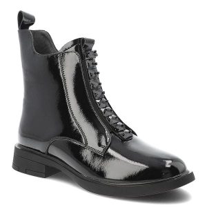 Czarne Botki S.Barski Lakierowane Buty Damskie. Czarne botki S.BARSKI, bez wzorów, z gumy, bez obcasa, bez zapięcia. Za 288,99 zł.
