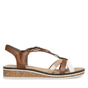 Sandały Rieker. Brązowe sandały Rieker, bez wzorów, bez obcasa, na płaskiej podeszwie, bez zapięcia. Za 269,99 zł.