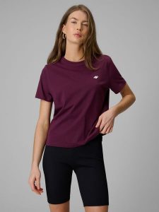 4F T-shirt boxy gładki damski - burgundowy M. Czerwone t-shirty 4f, m, bez wzorów, z bawełny, bez kołnierzyka, bez ramiączek. Za 49,99 zł.