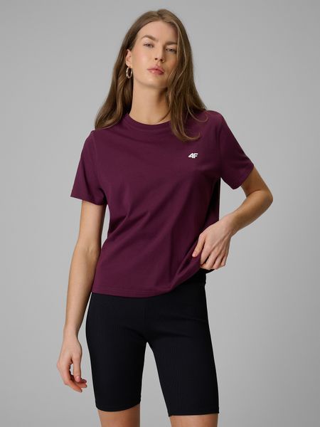 4F T-shirt boxy gładki damski - burgundowy M. Czerwone t-shirty 4f, m, bez wzorów, z bawełny, bez kołnierzyka, bez ramiączek. Za 49,99 zł.