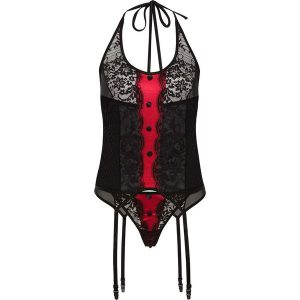 Top z paskami do pończoch + stringi (2 części) bonprix czarno-czerwony. Komplety bielizny marki bonprix. Za 79,99 zł.