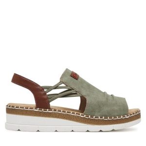 Sandały Rieker. Zielone sandały Rieker, bez wzorów, bez obcasa, na koturnie, bez zapięcia. Za 319,99 zł.