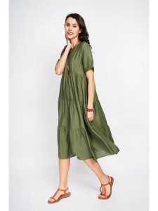Le Jardin du Lin Sukienka w kolorze khaki rozmiar: 34. Brązowe sukienki Le jardin du lin, bez wzorów, bez kołnierzyka, bez ramiączek, midi. Za 204,95 zł.