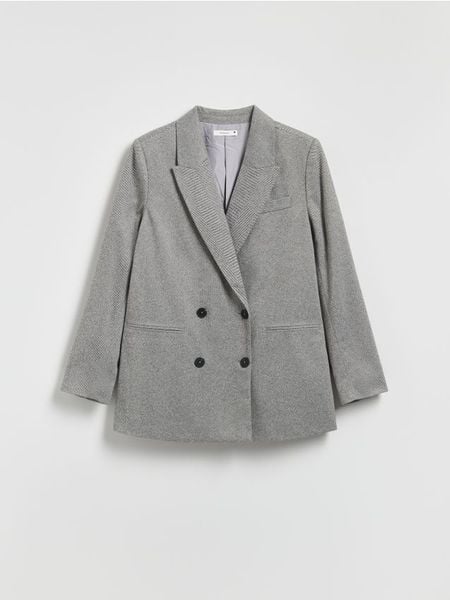 Dwurzędowa marynarka w jodełkę - ciemnoszary. Szare marynarki i żakiety Reserved, l, bez wzorów, z dzianiny. Za 179,99 zł.