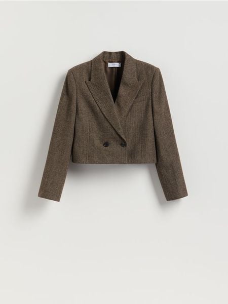 Krótka marynarka - brązowy. Brązowe marynarki i żakiety Reserved, l, bez wzorów, z tkaniny. Za 229,99 zł.