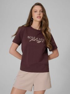 4F T-shirt boxy z nadrukiem damski - brązowy S. Brązowe t-shirty 4f, s, bez wzorów, z jeansu, bez kołnierzyka, bez ramiączek. Za 59,99 zł.