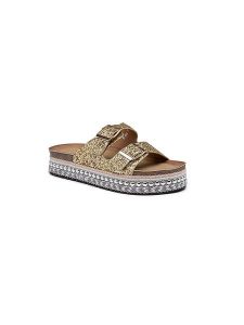 Foreverfolie Klapki w kolorze złotym rozmiar: 37. Żółte klapki Foreverfolie, bez wzorów, z otwartym noskiem, bez obcasa, na platformie. Za 87,81 zł.