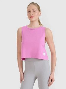 4F Top w kolorze jasnoróżowym rozmiar: L. Różowe topy 4f, l, bez wzorów, bez kołnierzyka, bez ramiączek. Za 15,29 zł.