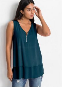 Top z zamkiem. Czarne topy bonprix, bez wzorów, bez kołnierzyka, bez ramiączek. Za 109,99 zł.