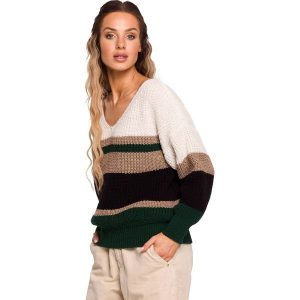 Sweter w Paski z Dekoltem V - Model 1. Swetry klasyczne MOE, l, z materiału, bez kołnierzyka. Za 218,90 zł.