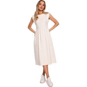 Bawełniana Midi Sukienka z Podwyższonym Stanem - Śmietankowa. Białe sukienki MOE, l, bez wzorów, z bawełny, bez kołnierzyka, bez ramiączek, midi, rozkloszowane. Za 258,90 zł.
