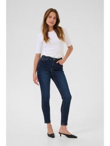 Kaffe Dżinsy - Slim fit - w kolorze granatowym rozmiar: W32. Niebieskie jeansy Kaffe, z aplikacjami, ze skóry, z podwyższonym stanem. Za 104,99 zł.