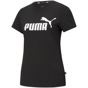 T-shirt Damski Logo ESS. Czarne t-shirty Puma, bez wzorów, bez kołnierzyka, bez ramiączek. Za 120,99 zł.