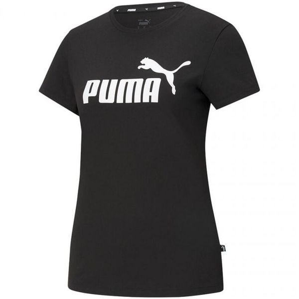 T-shirt Damski Logo ESS. Czarne t-shirty Puma, bez wzorów, bez kołnierzyka, bez ramiączek. Za 119,99 zł.