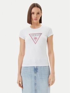 Guess T-Shirt E5GI08 J1314 Biały Slim Fit. Białe t-shirty Guess, s, z aplikacjami, z bawełny, bez kołnierzyka, bez ramiączek. Za 119,99 zł.