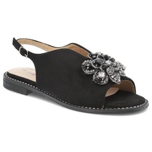 Czarne Sandały S.Barski Eleganckie Obuwie Damskie. Czarne sandały S.BARSKI, z aplikacjami, bez obcasa, bez zapięcia. Za 169,00 zł.