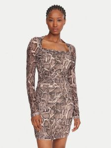 Guess Sukienka koktajlowa W5BK65 KCZC2 Beżowy Slim Fit. Brązowe kombinezony Guess, xs, z aplikacjami, z syntetyku, wizytowe, bez kołnierzyka, bez ramiączek. Za 329,99 zł.