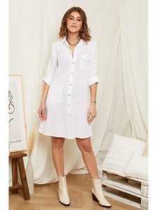 Rodier Lin Lniana sukienka w kolorze białym rozmiar: XL/XXL. Białe sukienki Rodier Lin, na co dzień, xl, bez wzorów, ze lnu, bez kołnierzyka, bez ramiączek, mini, proste. Za 162,49 zł.