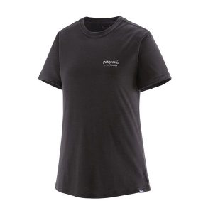 Koszulka damska Patagonia Cap Cool Merino Blend Graphic Shirt. Czarne bluzki Patagonia, s, bez wzorów, z wełny, sportowe, bez kołnierzyka, bez ramiączek. Za 279,99 zł.