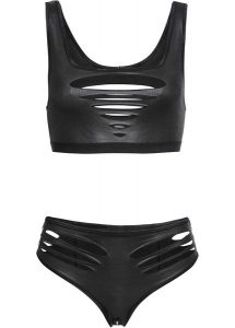 Biustonosz typu bustier + figi typu ouvert z materiału z efektem wet look (2 części). Czarne figi bonprix, bez wzorów. Za 99,99 zł.