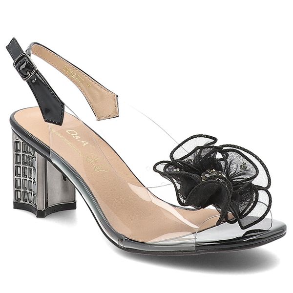 Sandały damskie S. Barski, na słupku transparentne z ozdobnym kwiatem i odkrytą piętą, czarne, MR52-238. Czarne sandały S.BARSKI, z aplikacjami, bez obcasa, na obcasie, bez zapięcia. Za 199,00 zł.